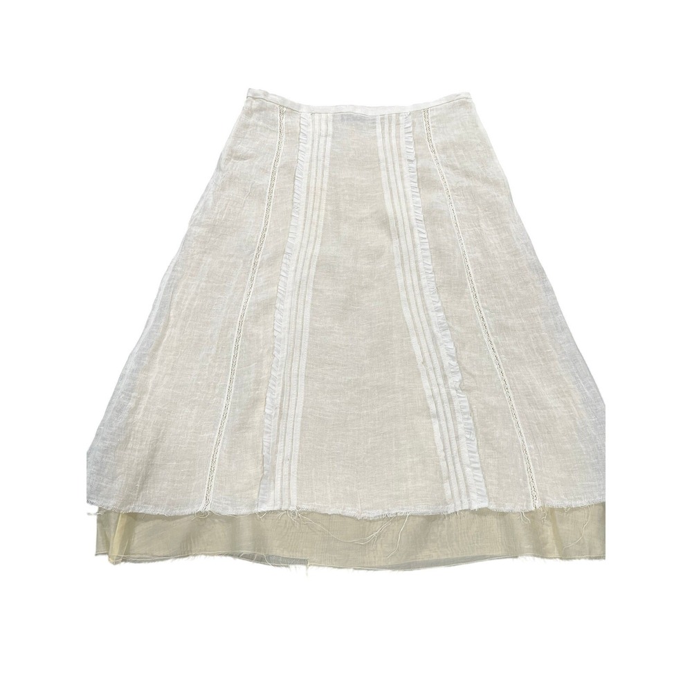 Zara Linen Lace Pintuck Midi Skirt Cream Boho Frayed Hem Small - Picture 2 of 6
